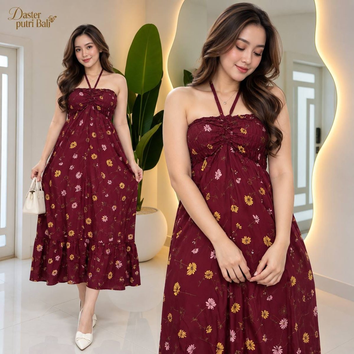 Sekar Halter Dress warna merah marun dipakai model