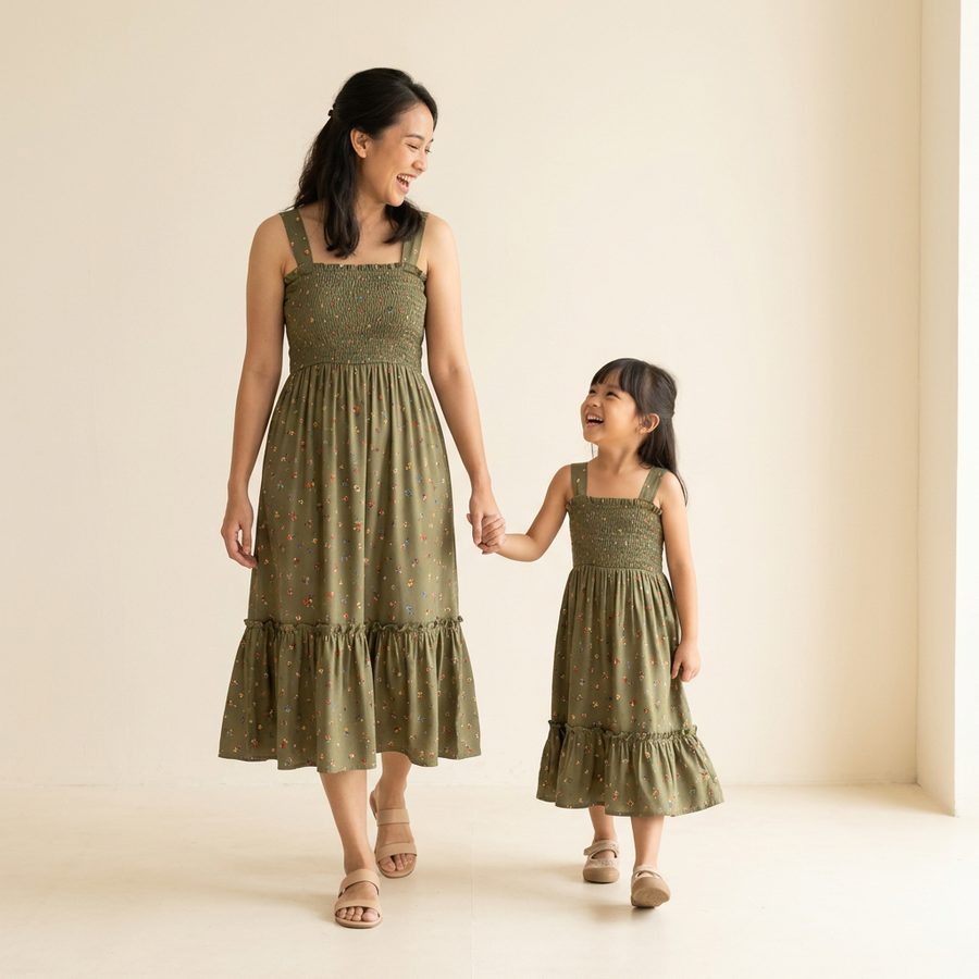 Ibu dan anak memakai dress kembaran hijau zaitun