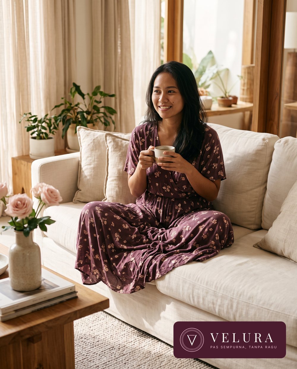 Perempuan bersantai memakai dress rayon plum