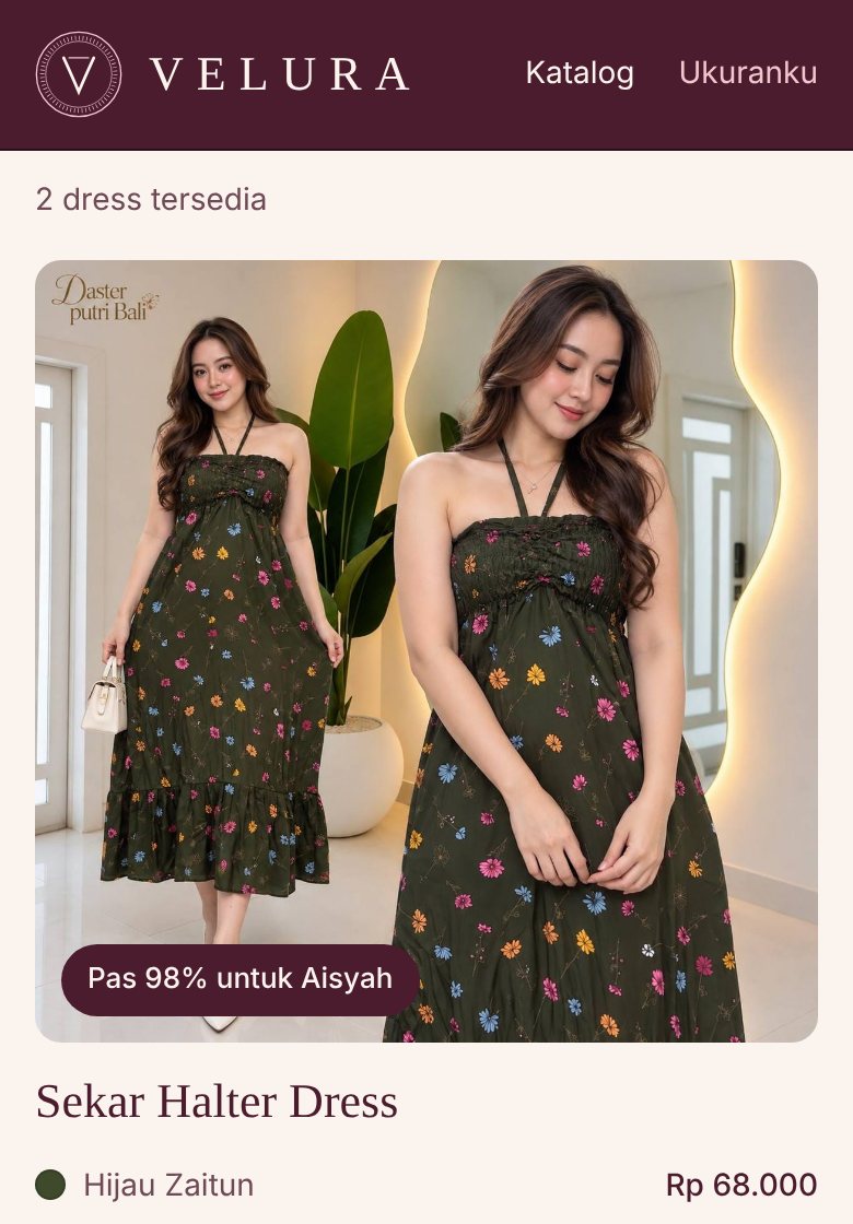 Contoh halaman Katalog Velura di HP dengan label Pas 98%