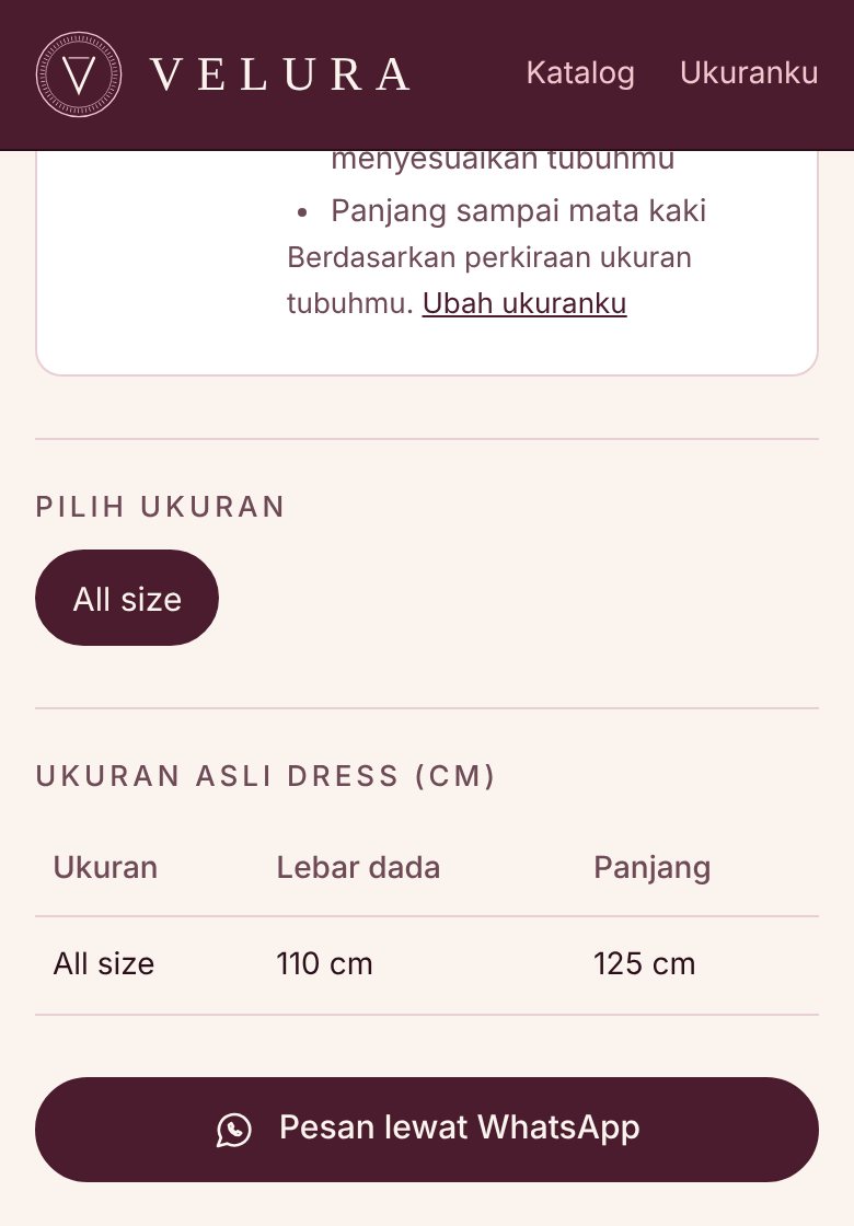 Contoh halaman dress: pilih ukuran All size lalu tombol Pesan lewat WhatsApp