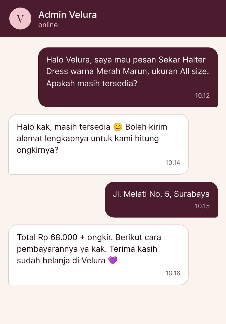 Ilustrasi chat dengan admin Velura untuk konfirmasi pesanan