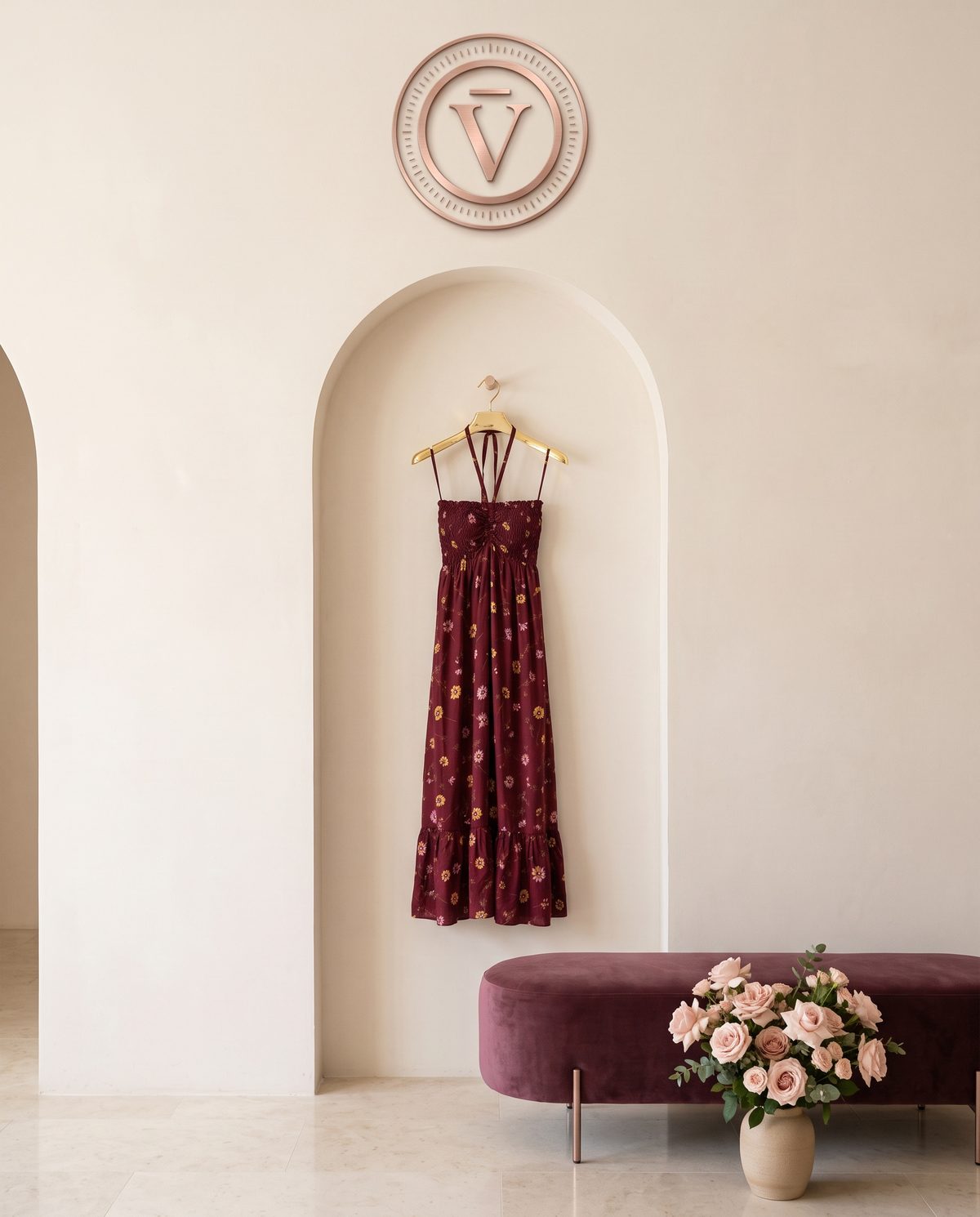 Butik Velura dengan logo Velura di dinding dan dress merah marun tergantung di ceruk lengkung