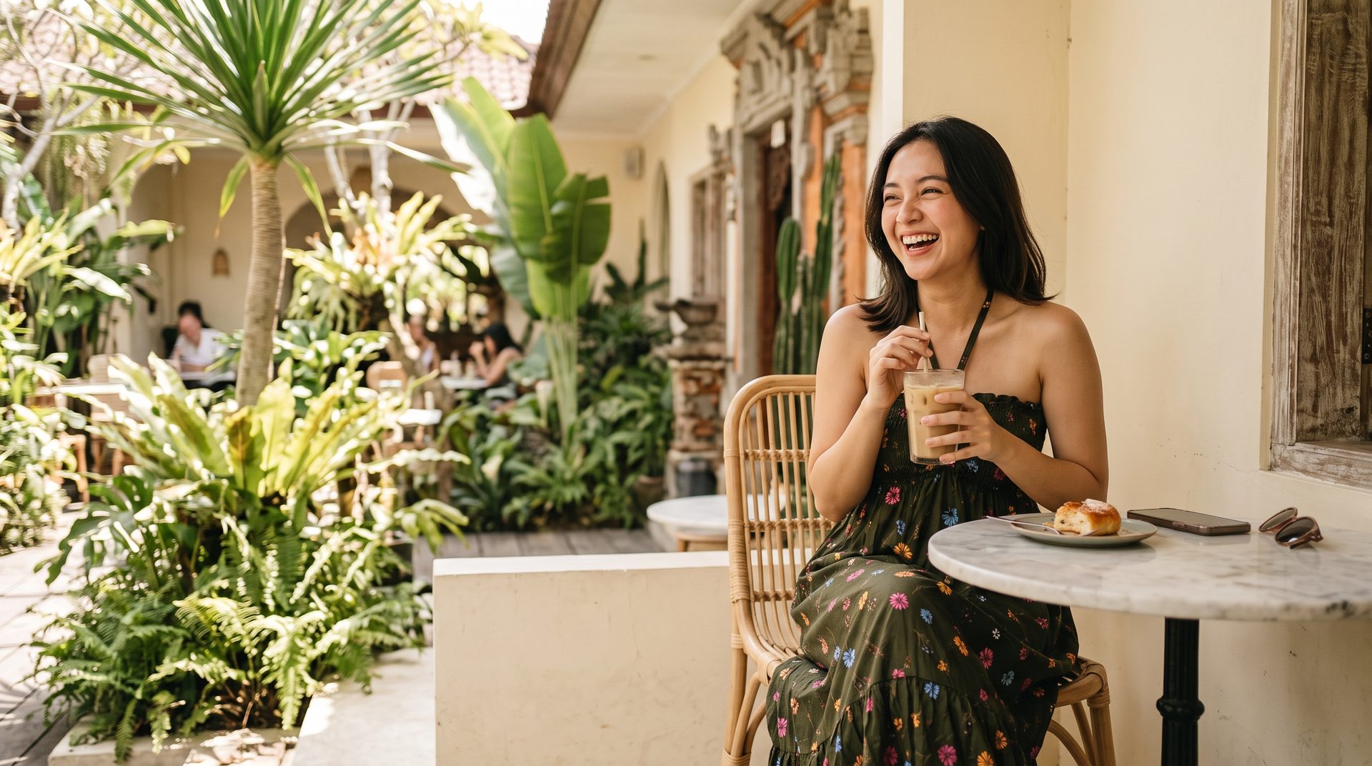 Perempuan tertawa di teras kafe tropis memakai Sekar Halter Dress hijau zaitun