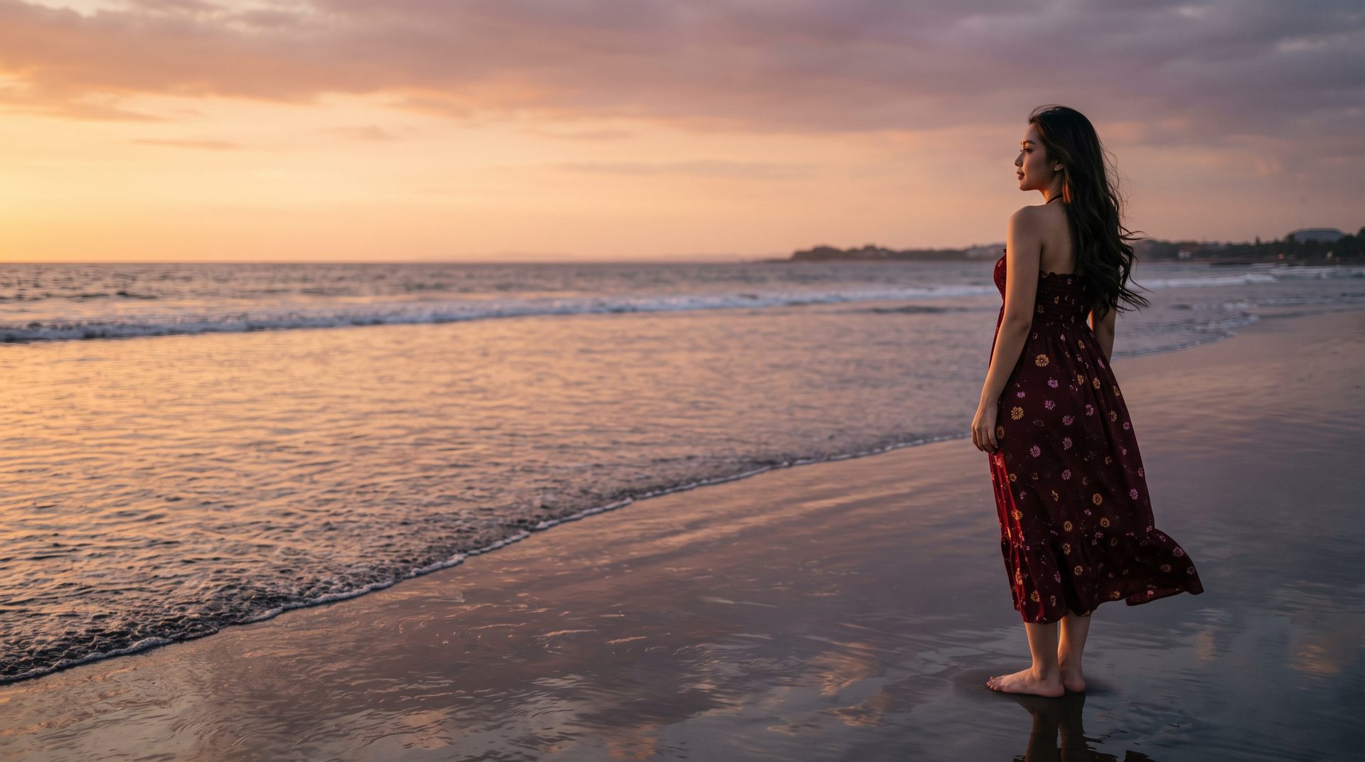 Perempuan memakai Sekar Halter Dress merah marun di pantai Bali saat matahari terbenam