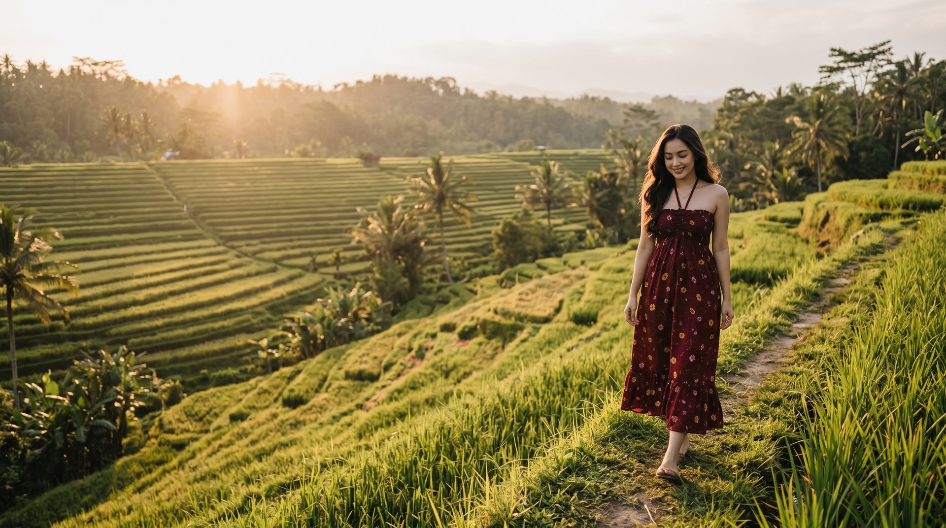 Perempuan memakai Sekar Halter Dress merah marun berjalan di sawah terasering Bali saat senja